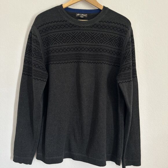 Eddie Bauer Cotton Sweater Charcoal Grey w Black Geometric Pullover UK Sz L Tall - Picture 1 of 8